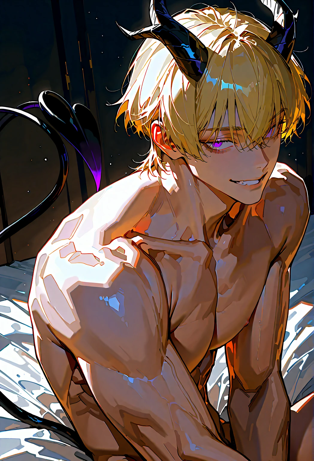 Solo, 1 male, blonde hair, gold eyes, black shirt, white coat, white fur, ear piercing, tentacle, male body penis