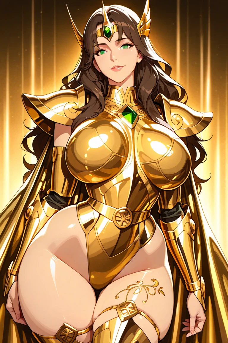 Gold Armor, 4K image, assembly, best quality, masterpiece, movie lighting ,Sexy,Huge Breasts,cleavage,action,In battle,noble,light beam from hand,Golden lightning surrounds,Short brown hair,curls,Blushing,Lipstick,Smile,The palm of the hand is extended towards Henghui,Sweat