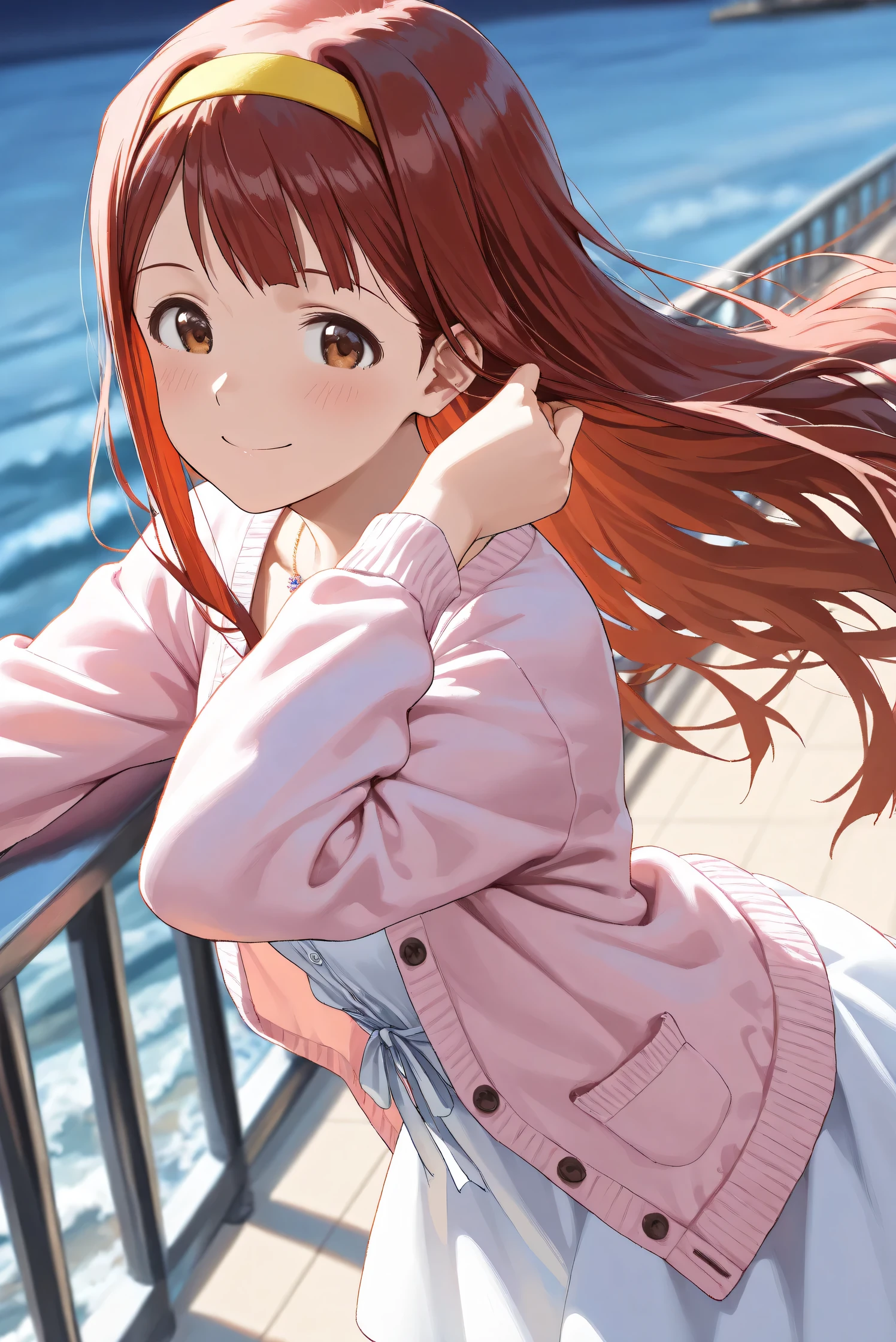 (Masterpiece), (Highest quality), (Very detailed),
(The best shape), (Best Shadow), (Absurd),
(Detailed background), (So beautiful), (Shiny),
(Extraordinary), (Countershading), (8k), (32K),
(High resolution), (Very Detailed CG), (UHD),
(Score_9), (Score_8_up), (Score_7_up),
(Source_anime), (Pastel painting:1.2),
(Watercolor painting:1.2),(Masterpiece, Detailed:1.2), (Foreshortening:1.2),
(Cinematic), (Dramatic), (Depth of field:1.4),
(Blurry background:1.4), (Realistic background:1.4),
(Dynamic angle), (1 girl),
(Outdoor), (Wind), (before dawn:1.2), (sea),
(dark sky:0.9), (handrail), (back lighting),
(Casual wear:1.3),
(white one piece), (long one piece),
(pink cardigan), (open cardigan),
(long sleeves cardigan),
(Black string), (Waist string),
(from above),
(portrait:1.2), (Focus on face), (Close up shot),
(Blush:1.3), (smile), (happy), (putting hair in one ear),
(leaning forward),
(Realistic skin), (Shiny skin),
(Tanaka Kotoha),
(The idolmaster million live!),
(mirishita), (kotoha),
(brown eyes), (red hair), (long hair),
(yellow hair band), (necklace),
