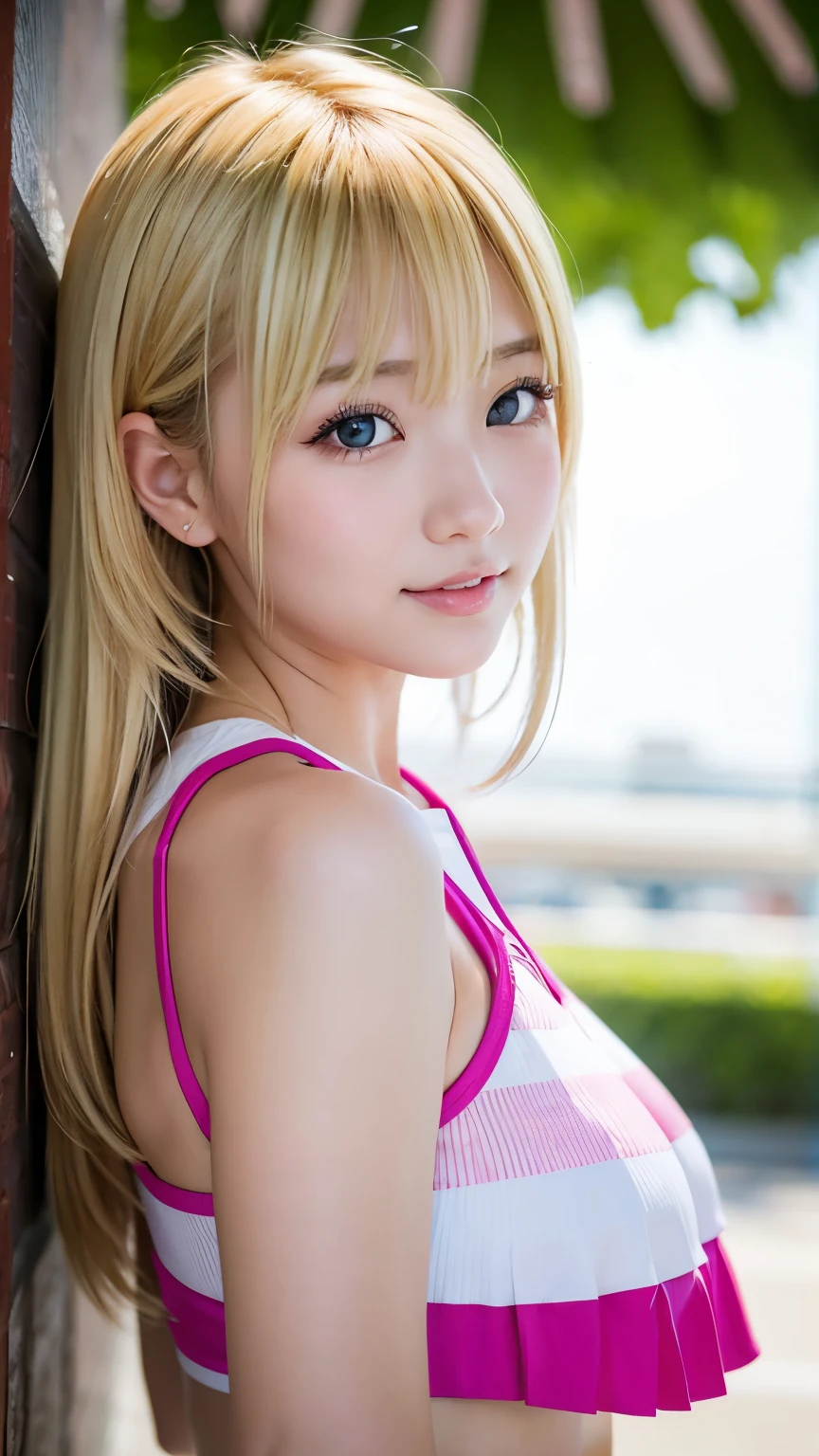 score_9, score_8_up, score_7_up, (best quality, realistic), Highest quality, Beautiful model woman, Japanese, cute, Detailed face, Idol, Blonde, Rolled twin tail hair, Japanese School Swimsuit Big Breasts,, Beautiful face, Beautiful eyes