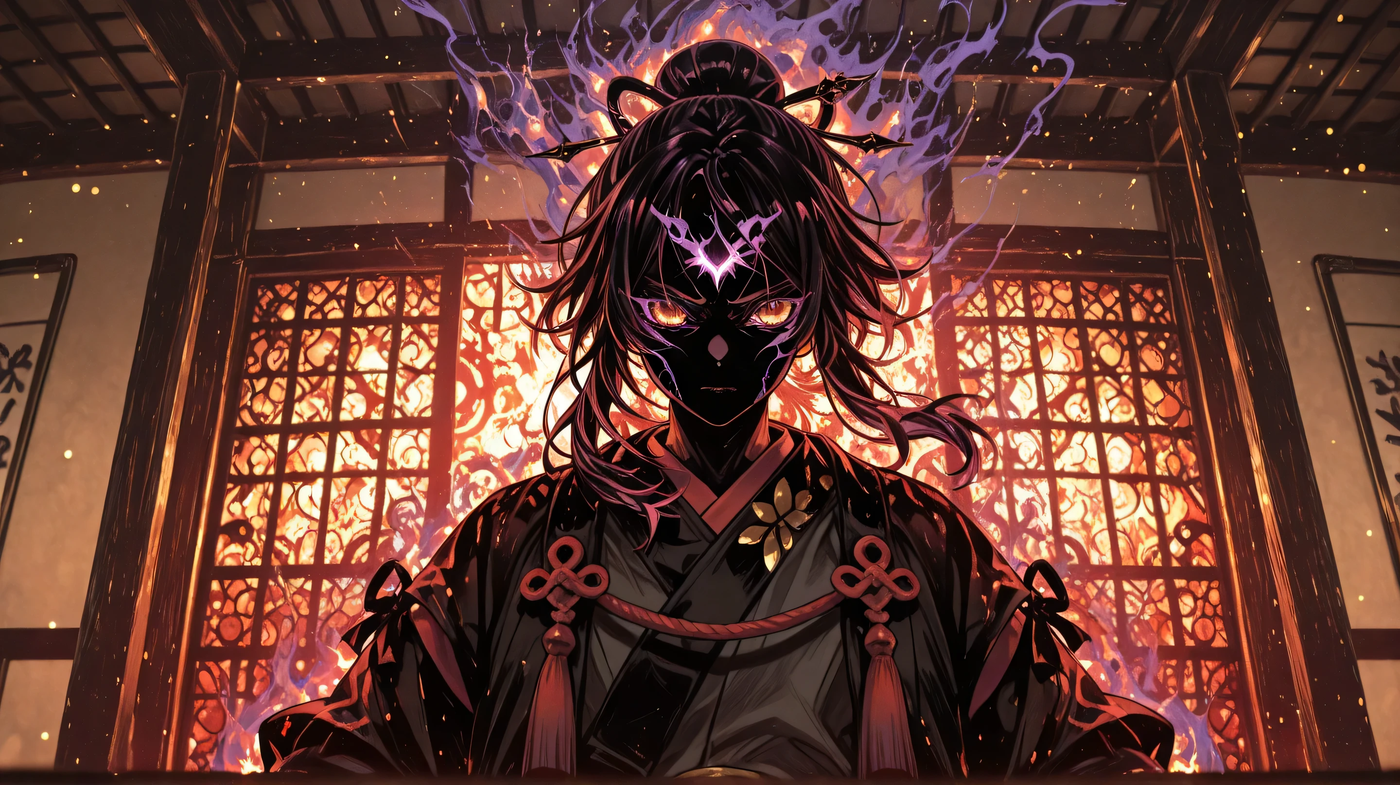 Sengoku Period、Feelings Exist、Fierce Final Boss,Feelings Existあふれる躍動感,Powerful face color ,Feelings Exist {x} Power of Darkness Shrouded in Fire,Overwhelming Aura,Dangerous and Brutal Atmosphere,high realism, High-definition 4K ,Exactly as in the Picture,Professional quality,Colorful and Beautiful, bokeh background ,studio light,. Physics-based rendering、 Bauhaus School, Japanese style interior architecture