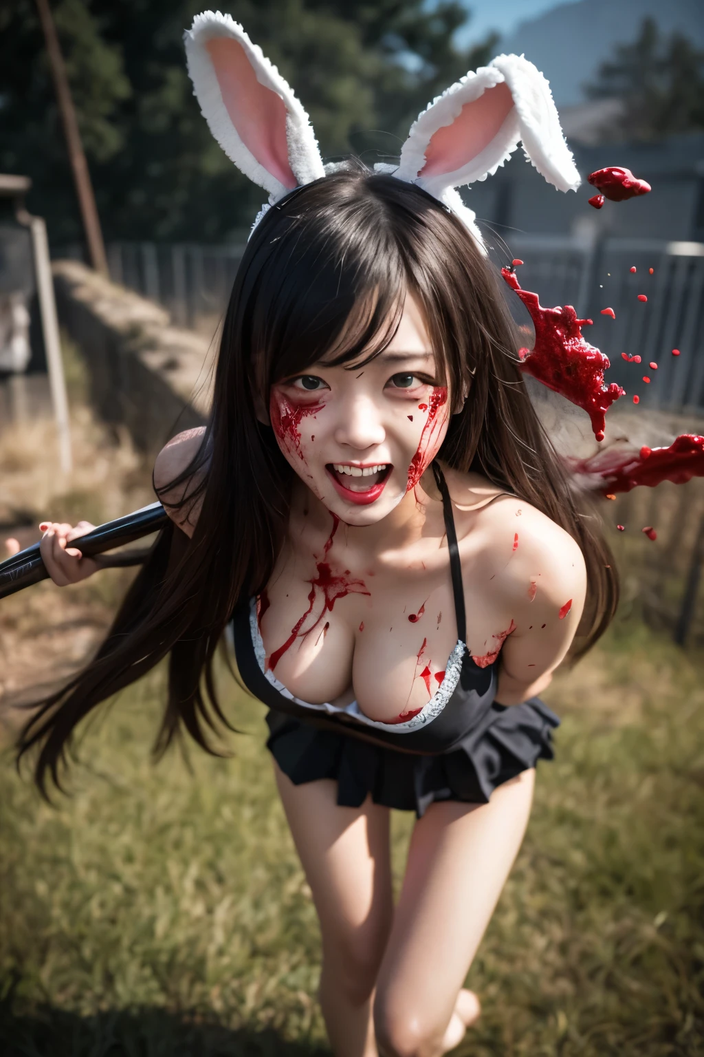 nsfw, vagina, Nude, short hair, twintails, Crouching,Knife、Decapitated、Blood from the neck、Blood from the mouth、nosebleed、Ahegao、Hair being grabbed、Eyes wide open、Roll one's eyes、Small breasts、Flowing Blood、Falling underwear