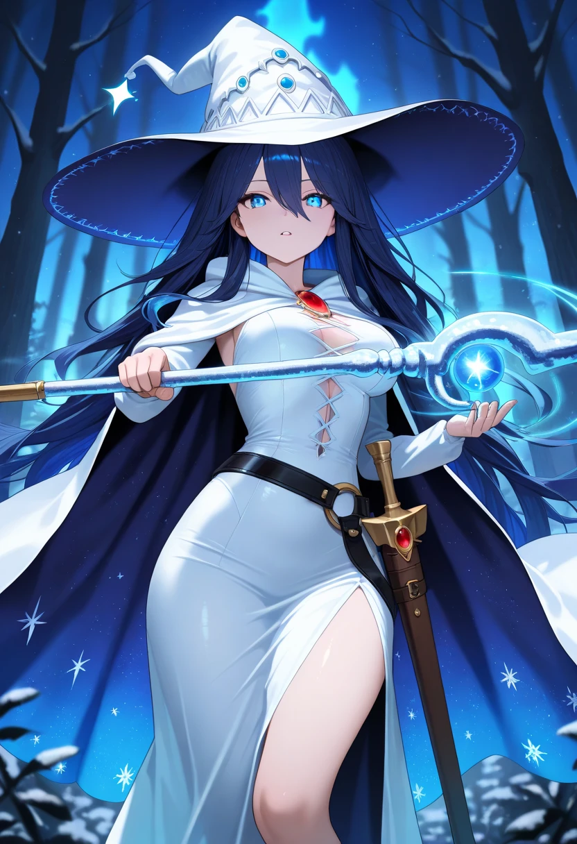 
hidden face, head down, mystical figure clads in linen and fur, featuring a long, flowing cape and a pointed wizard hat, The figure should be holding a bastard sword inscribed with glowing runes standing against a backdrop of aurora