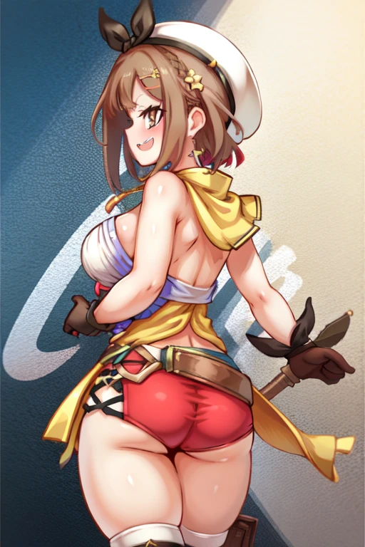 ((cute, 1 Girl, Liza, workshop, Alchemist, )),(((White Beret, Red shorts, Over the knee boots,Her black underwear is visible, Nipples are slightly visible, valley, Small breasts, ))、woman,Cowboy Shot, (((white background))) 、Best image quality, high quality, The background is clear，きれいなwoman, Japanese, detailed, detailed eyes, detailed skin, Beautiful Skin, 超High resolution, (reality: 1.4),とても美しいwoman, A little younger face, Beautiful Skin, thin, (Ultra-photorealism), (High resolution), (8K), (非常にdetailed) 、(Beautiful and detailed eyes), (非常にdetailed), (detailed face), Displaying the viewer, Fine details, detailed face, (((smile:1.4))),Straight,Looking Ahead, StraightLooking Ahead, Photo Real,Hairstyle: ponytail、((((short hair:1.5))),Brown Hair、smile、Very delicate body、Very flat chest、hair over one eye, from below,(Kneel, On all fours:1.2), ( Looking at the audience:1.4), (Stick your butt out:1.2), Dutch Angle、Normal limbs、(((Kneeling)))
