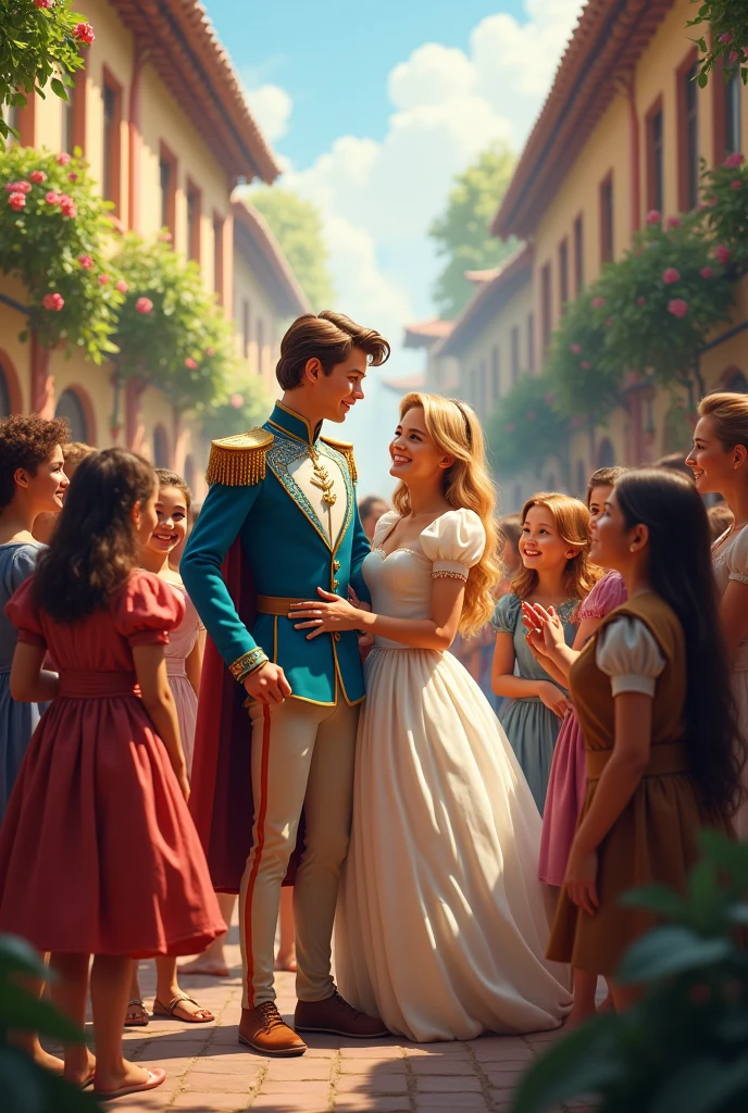 Cinderella and the enchanted prince and their two children, one blond and one with black hair