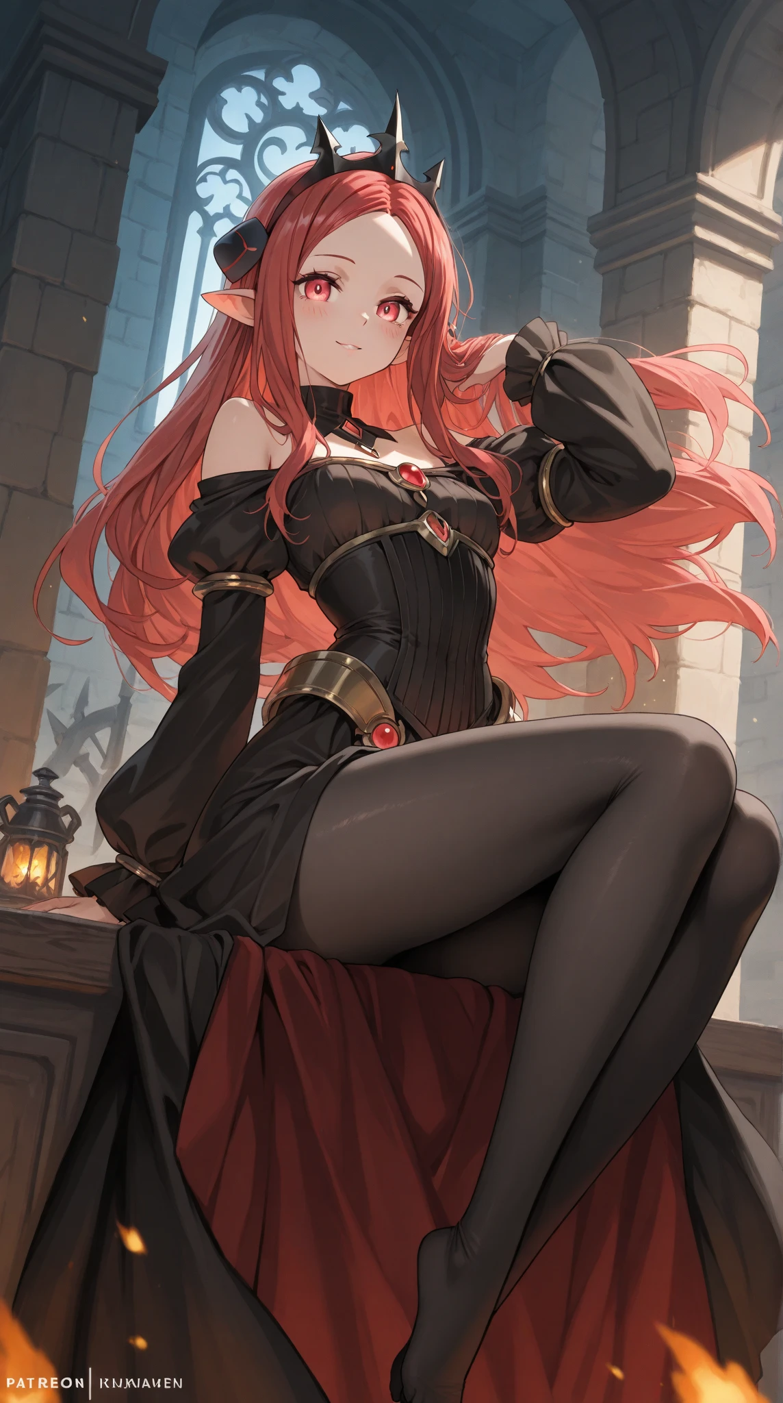 masterpiece, best quality, 1girl, long hair, big bust, very long red hair, yellow eyes, sinister, ((red sexy bodysuit)), big crown, queen, mistery, all red outfit, golden earrings, good anatomy, white gloves, hand in the face, boots, heels, evil, emotionless, intimidant, bloody, detailed eyes, throne, dark background, close up, ((detailed eyes)), beautiful eyes, ((straigh bang cut)), close focus, profile picture, show the character from chest to face
