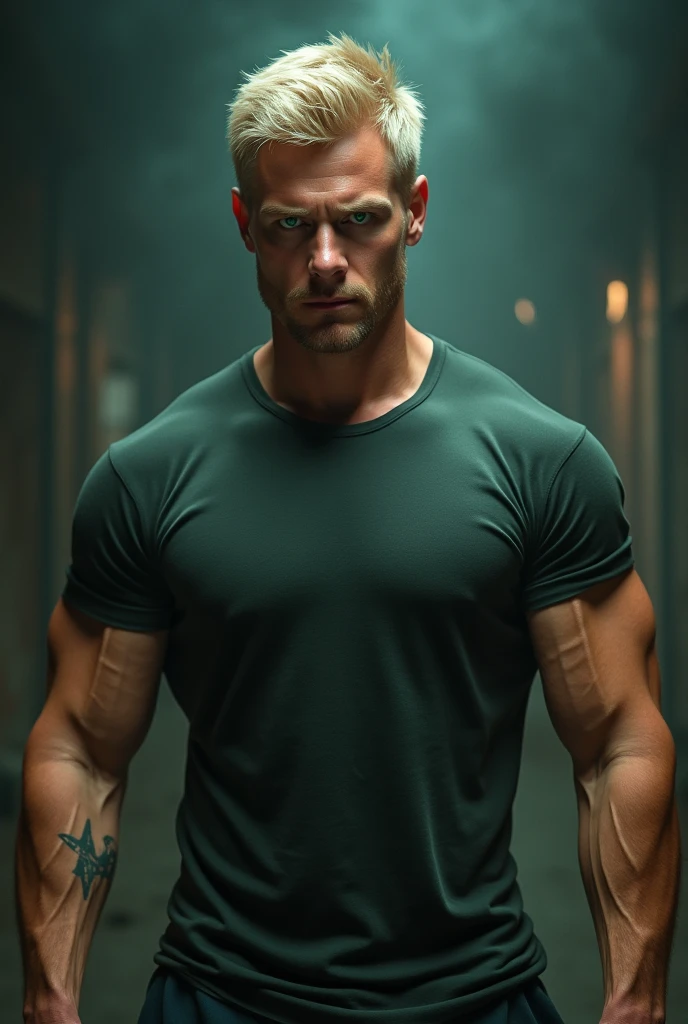 muscular man in black cap and white t-shirt, spike collar, academy, wicked look