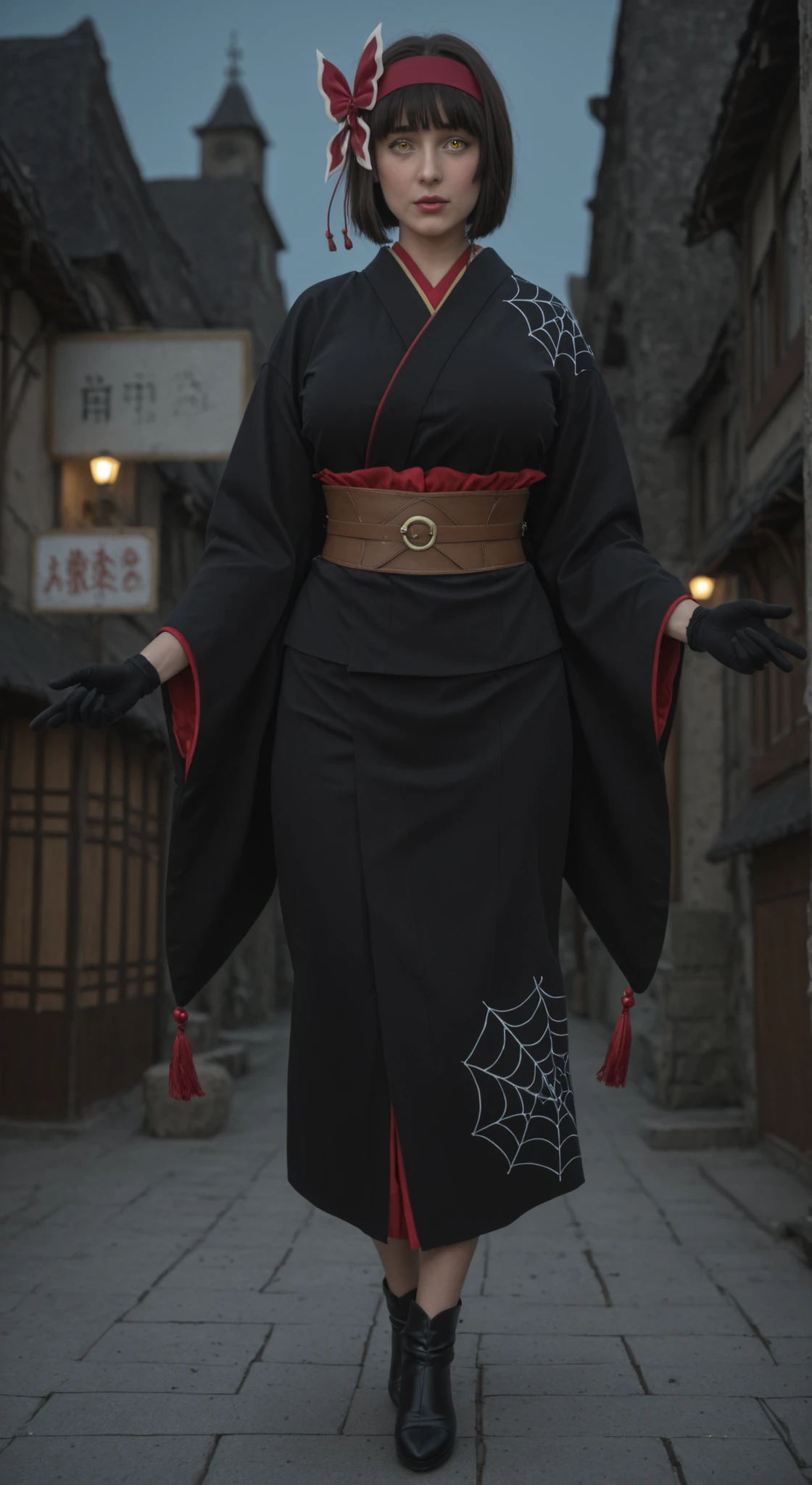 best_quality, absurdres, ultra-detailed, highly_aesthetic, 8K, UHD, highly_detailed_eyes, photorealistic, realistic, cosplay, masterpiece, perfect face, ultra detailed, best quality, finely detailed, beautiful lighting, highres, 8k wallpaper, cinematic lighting, highly detailed eyes, dynamic angle, stunning composition, realistic skin, , expressive eyes, perfect face, (huge breasts,large breasts:1.2), black gloves, bow, kimono, japanese clothes, yellow eyes, bangs, bob cut, blunt bangs, short hair, black hair, mio-mlf, hair ornament, super beauty face, (huge breasts,large breasts:1.1), village, japanese architecture, spider web, waist, (full body view:1.2), cosplay, looking at viewer,