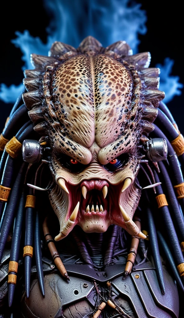 a close-up of a predator statue with a big open mouth, O Predador, predator alien, predador, filme predador, apex predator, filme predador, olhos de predador, predador 2, hard predatory look, AVP, do filme predador 1987, Ainda do filme Predador, cinematic bust shot, com armadura escamosa