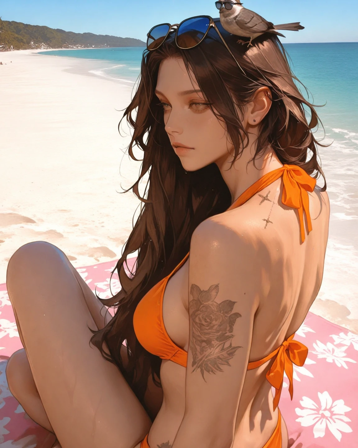 Una caricatura de una mujer en bikini con un top floreado, Nico Robin, seductora chica de anime, Bikini realista, Hermosa y seductora mujer de anime, commission for high resolution, swimsuit, attire: bikini, seductor retrato de Tifa Lockhart, is wearing a swimsuit, Tifa Lockhart, Tifa, fullbody commission for, oc commission, Marin Kitagawa Fanart, swimming suit, Camiseta vectorial lista para imprimir, Colorful graffiti illustration of a beautiful young woman in her 20s, hermosa cara sonriente, con toques de color, painting oil painting, colores ricos, action shot, gran detalle, fondo blanco, Araffe sentada en una rama con un fondo blanco, sin fondo