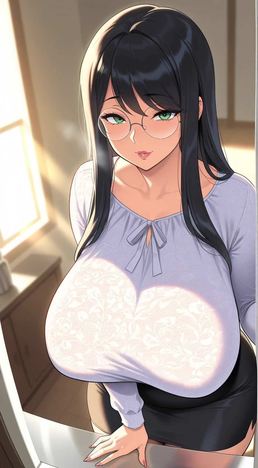 (perfect body),highest quality,16k、Masseter muscle part、((NSFW))、((blush))、((((embarrassing))))、:d、obesity、(((brown skin)))、Tree Fe○lumes、short hair、(red eyes),black hair、((Sweat))、(big ass)、huge breasts、swollen nipples、((thick thighs))、(light blue lace leotard)、white knee socks、(dimly lit bedroom)、massage the chest、Glasses