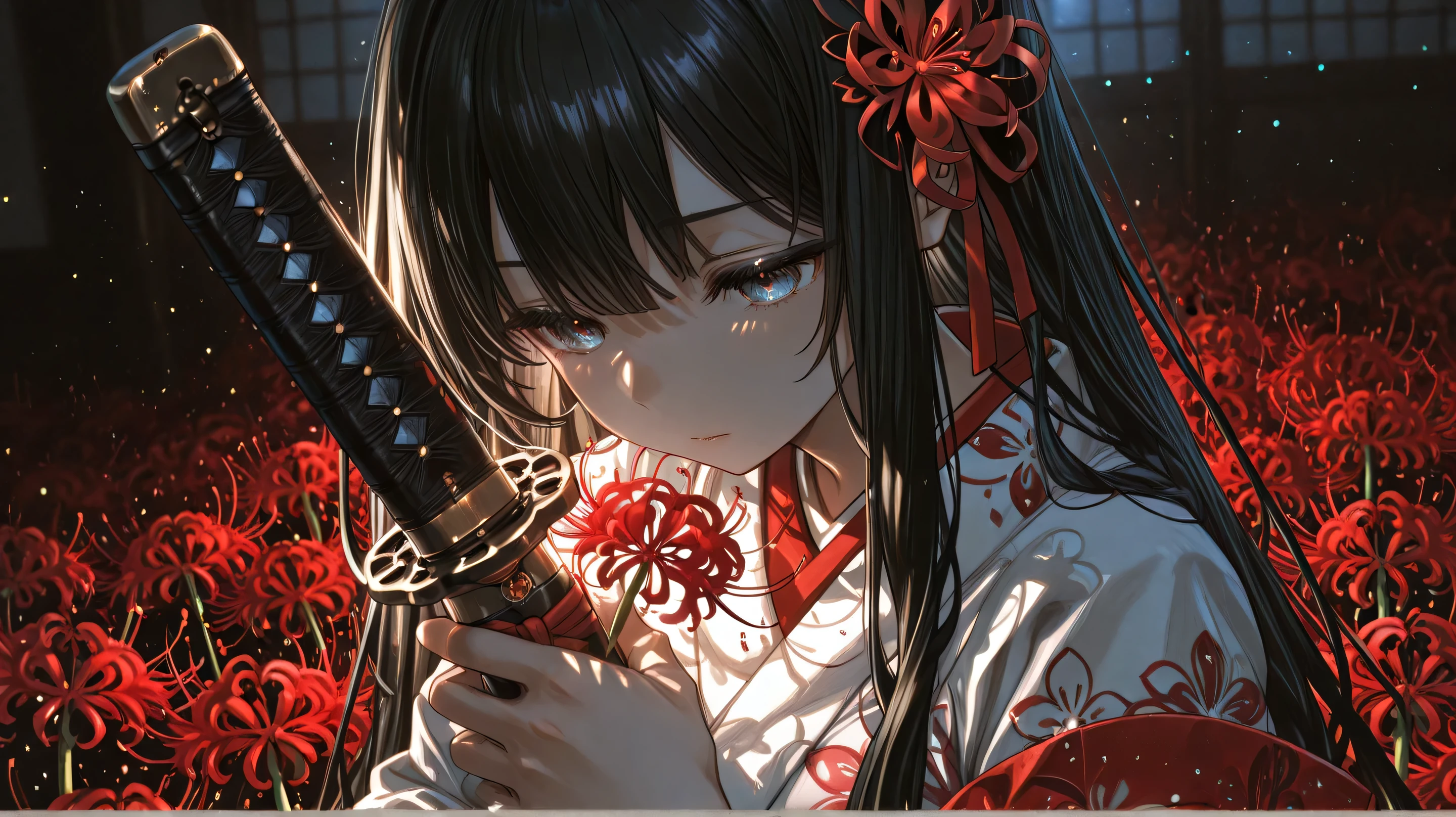 Japanese sword-holding girl in kimono、 hair accessories for long black hair、 Moonlight、red spider lily、There is a soft atmosphere、colors are clearly separated、transparent、lighting effect in、masterpieces、ultra high resolution、. The detail is very good、Prompt、Atmosphere A mysterious entity