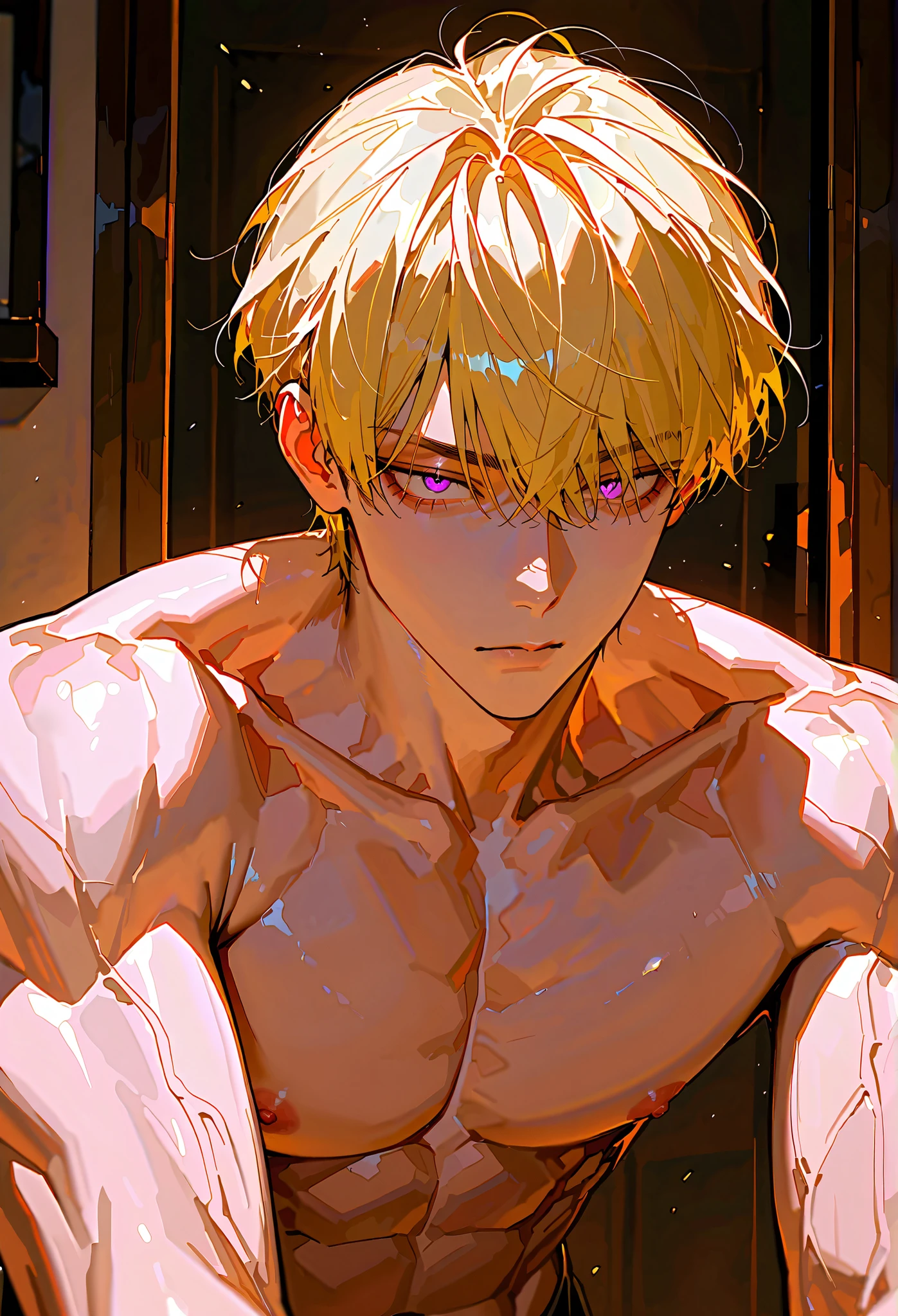 8k, beautiful masterpiece, mature, 1 man, 25 years old, Height 185CM, beautiful male, handsome, blonde hair, short hair, purple eyes, sharp gaze, light skin, pouty expression, sharp build, succubus, good body, have bangs, full bang, muscle, chest muscle, topless, whole body, the proportions are good, Korean men's hairstyle, close, background is inside a Korean house