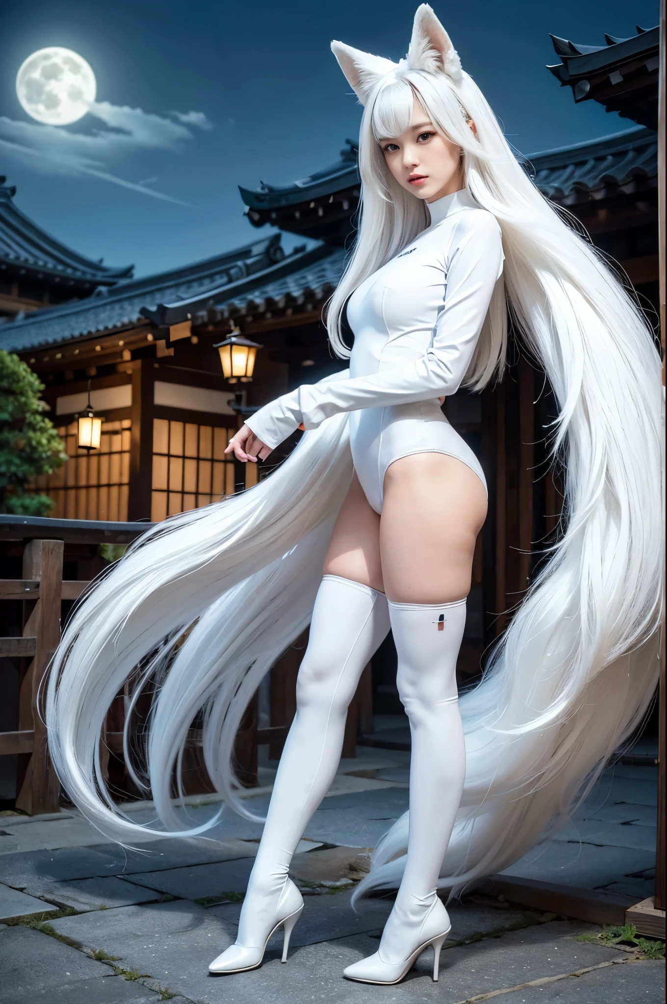 Photos of rogues,full body shot shot, 1 tall girl solo, The high-scaled white hair swept upwards,
, dynamicposes,
Attractive feminine body,extra very long hair,High ponytail, light muscles,Oversized, cleavage, Oversized ass,Extra long thick legs,Long black and white coat,Semi-covered black latex top,Skinny black latex trousers,Latex black high-heeled booties。
4K, hdr, Realistic photo, Realistic texture.