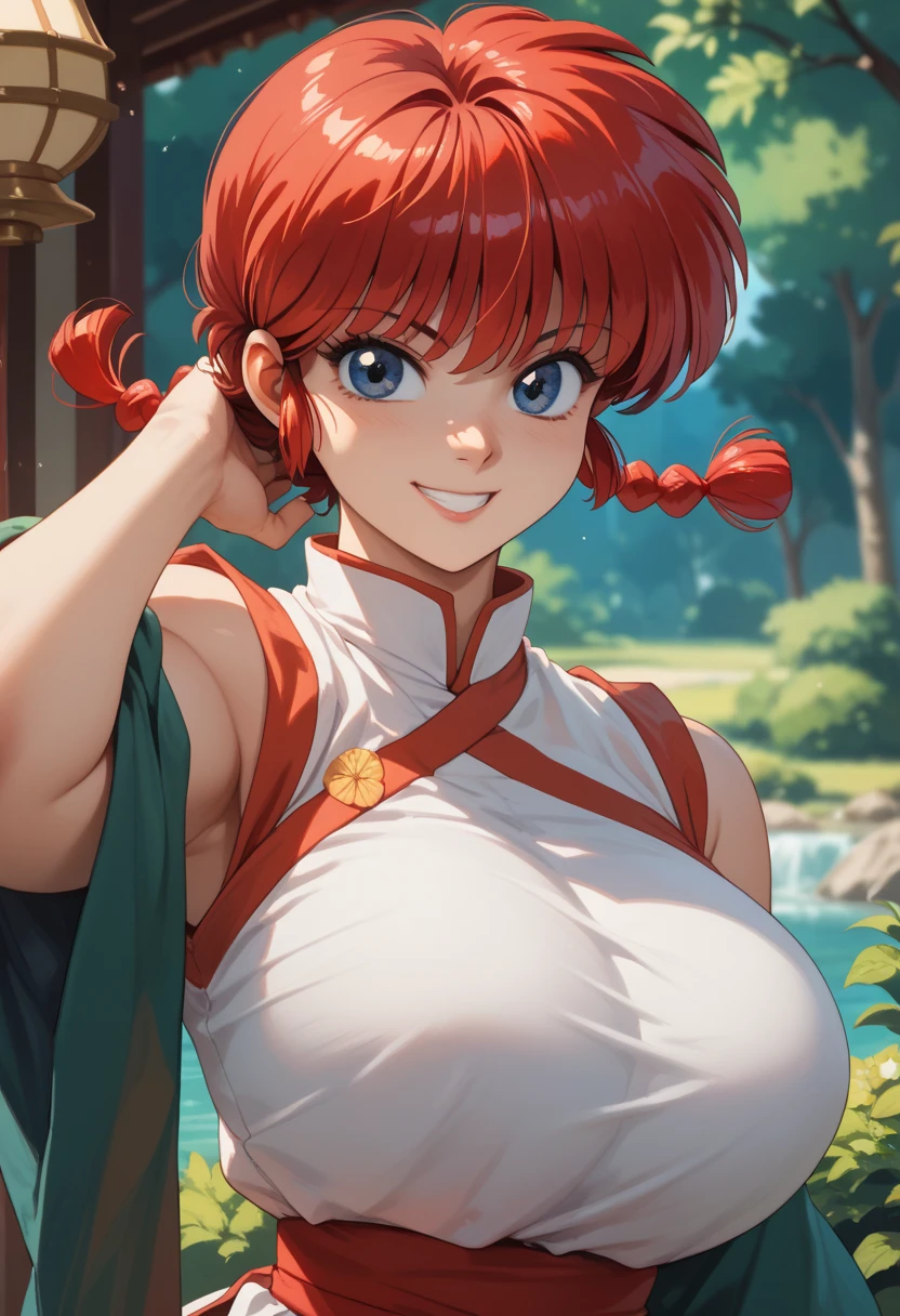 ((masterpiece:1.4)), expensive quality,(((Completely naked))), very_expensive_solve, big_file size, Full Color, Thick outline, Clear contours, colorful, (Beautiful fine details), ((Beautiful Face:1.0)), ((Boyish face:1.4)), 1 girl, (ranma), (Redhead), short hair, (Braided Ponytail), ((bangs)), bumpy bangs, Blue-gray eyes, Big Breasts, Curvy, ranma, Braided Ponytail, ), Are standing, Full Body, Cowboy shot,((From below:1.4)), ((Portraiture:1.8)), ((Inter-share focus:1.4)), ((Happy))