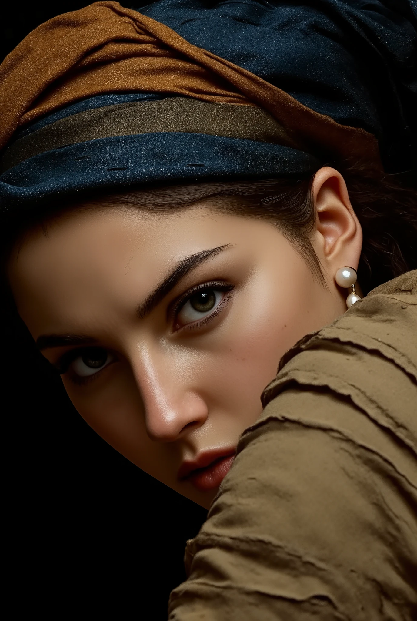 cinematic classical portrait, soft Rembrandt lighting, ultra-realistic facial detail, soft-focus realism, oil painting texture effect, warm muted color tones, rich shadows and highlights, gentle skin texture, natural pose, aged canvas grain, soft filmic glow
A young woman turns her head gently over her shoulder, gazing directly at the viewer with wide, expressive eyes. Her skin is luminous and smooth, her lips slightly parted in a mysterious expression. She wears a deep golden-brown garment and a rich ultramarine blue and ochre turban, softly wrapped around her head. A single large pearl earring hangs from her ear, catching the light delicately. The background is a near-black, velvety void that makes her face and attire glow subtly. The lighting is soft yet directional, casting natural shadows that highlight the graceful contours of her face and neck.