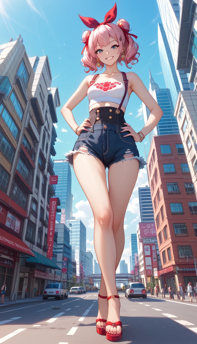 Giant Girl 50,000 km high,Have a pair of long legs,Have a pair of huge breasts,Wearing a red bikini,Waist-length blonde hair,Loose hair,Wear a pair of Mary Janes,Blonde curly hair,Full of enjoyment,Stand tall in a crowded town,,It seems to be an invincible existence,Beautiful appearance,Exquisite makeup,quality,8K,高quality,(Governor:1.5),Perfect proportion, theater lighting,Film Grain,Fuji Colors,8K,Textured Skin,Super Detail,High Detail,high quality,high resolution,thunderclap,Fake laugh,Morning,Perfect body ,Full body image