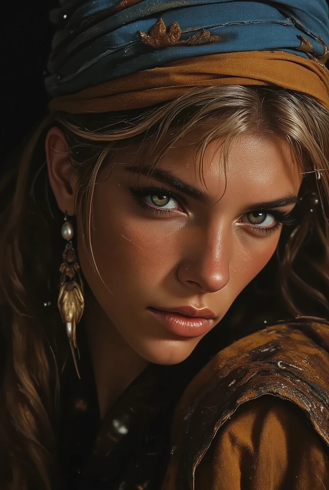 cinematic classical portrait, soft Rembrandt lighting, ultra-realistic facial detail, soft-focus realism, oil painting texture effect, warm muted color tones, rich shadows and highlights, gentle skin texture, natural pose, aged canvas grain, soft filmic glow
A young woman turns her head gently over her shoulder, gazing directly at the viewer with wide, expressive eyes. Her skin is luminous and smooth, her lips slightly parted in a mysterious expression. She wears a deep golden-brown garment and a rich ultramarine blue and ochre turban, softly wrapped around her head. A single large pearl earring hangs from her ear, catching the light delicately. The background is a near-black, velvety void that makes her face and attire glow subtly. The lighting is soft yet directional, casting natural shadows that highlight the graceful contours of her face and neck.