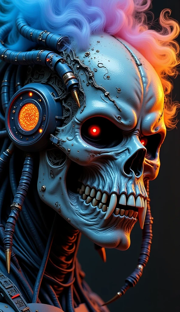 a close up of a skull with horns and a helmet on, cyberpunk skeleton, portrait of a cyber skeleton, cyber skeleton, cyber skeletons, hacknaut cyberpunk, portrait of a cyberpunk machine, cyberpunk robot, futuristic robot devil, darksynth character portrait, cyberpunk horror style, robot skeleton, deep cyberpunk mechanoid, octane cgsociety, cyber punk background, cyberpunk gladiator