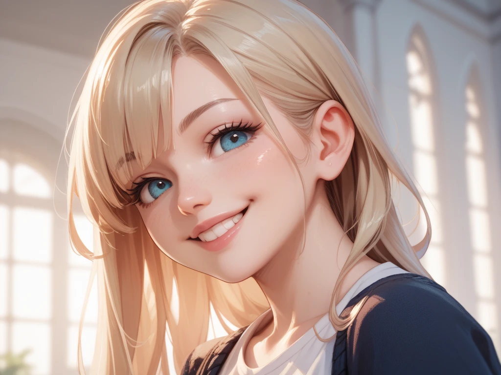 (Best quality, 8K, Masterpiece: 1.3), Clear focus: 1.2, Beauty: realistic, 1girl, golden hair, green eyes, cinematic angle, evil grin, selfie