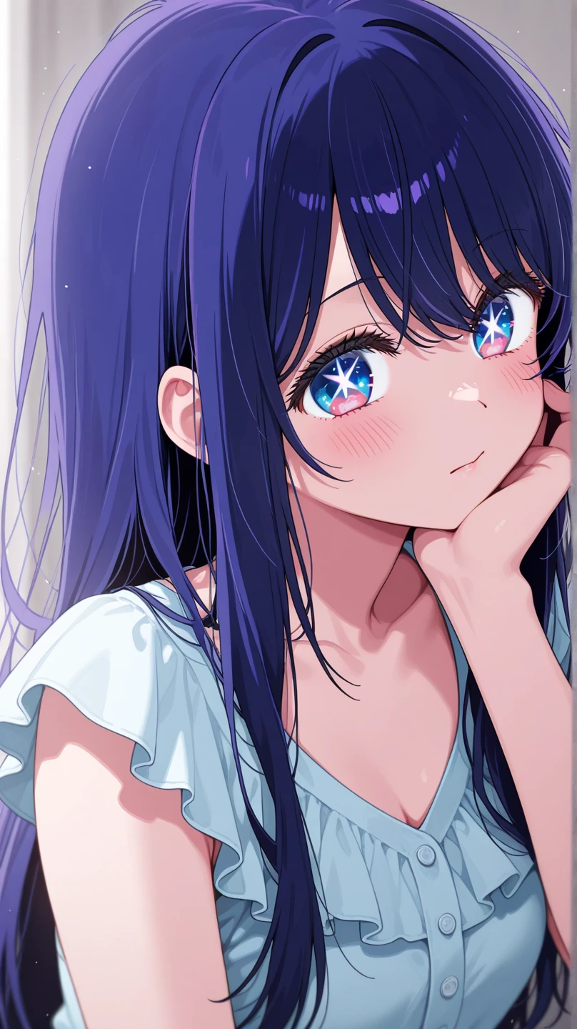 best quality, masterpiece, 1 girl, alone, detailed eyes, very big smile, pajamas, under the sheets, covered by blankets, background under the sheets, night lights