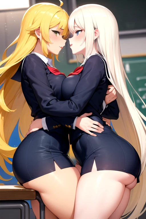 2 girls kissing , pale and brown skin ,thick thighs ,slim waist, thick thighs, curvy body
school uniforms , sailor collar