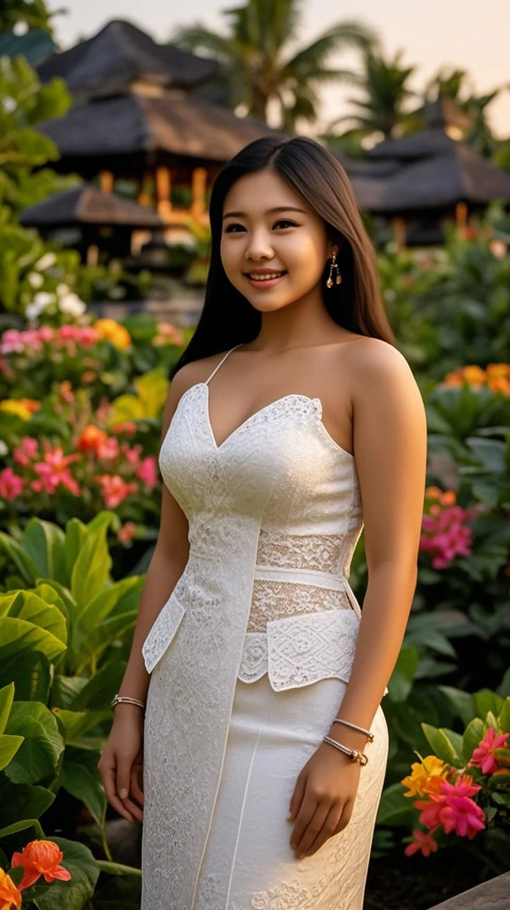 1girl, 30 years old, tall, thin, big hips, big breasts, blonde hair, small lips, blue eyes, attractive, 64K, white Burmese blouse, long sleeves, buttoned at the side, dark green long skirt, female Burmese sandals, hair in bun, European, extremely detailed eyes and face, long eyelashes, photo-realistic, 8K, ultra-detailed, sharp focus, physically-based rendering, vivid colors, studio lighting, professional portrait