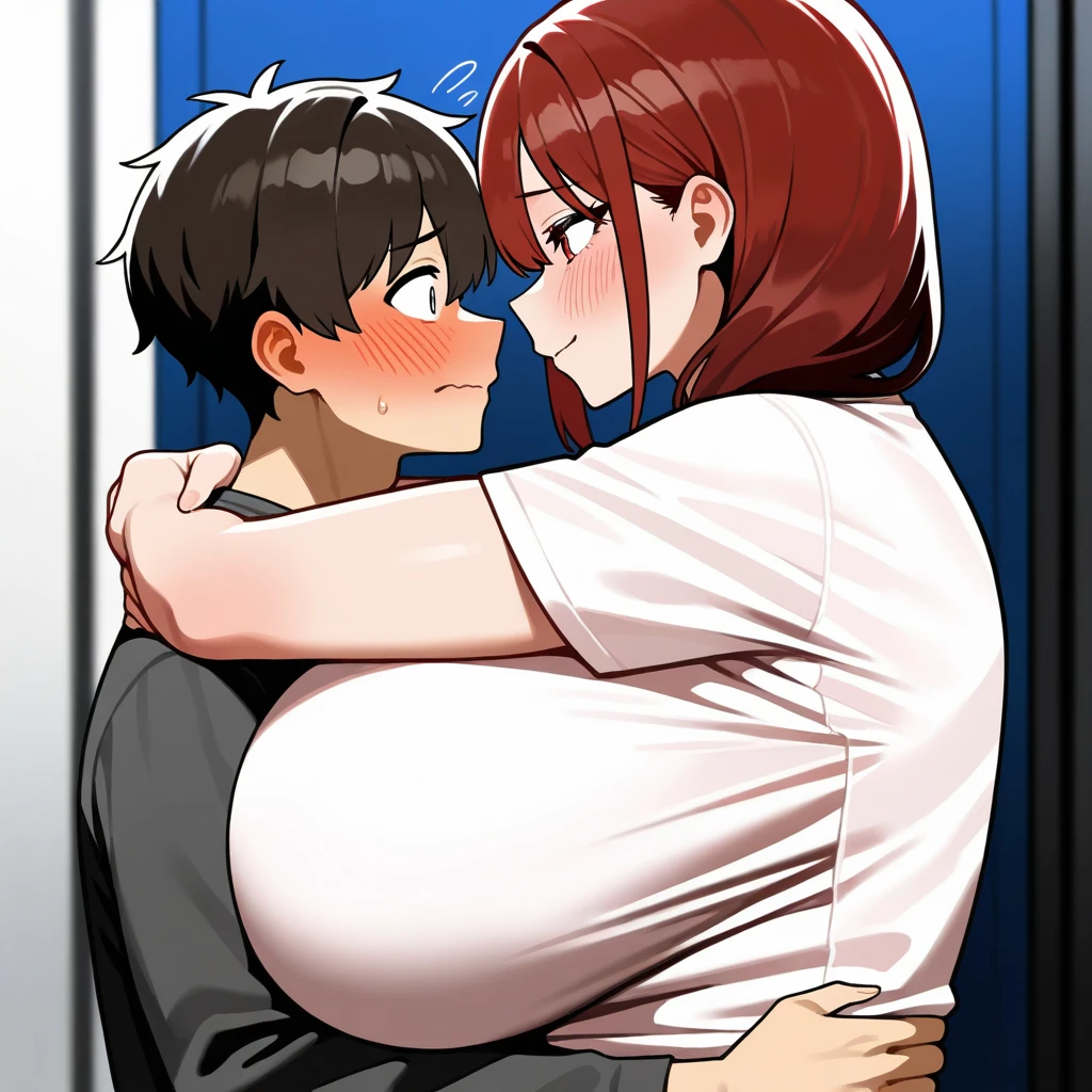 NSFW Maddie fenton, raping her son, a sexy milf, mature body, pixiv artwork, masterpiece, wearing a skintight long grey dress accentuating her curves, a young premature boy sucks her lactating tits, orange hair, bobcut, no panties, curvy toned physique with big breasts and ass and tiny waist, body made for sex, no bra, wicked horny look in her eyes, a wicked grin of dominance on her face, dominating boy, dominant
