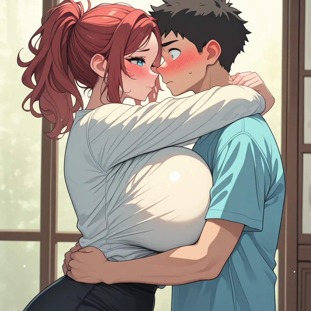 masterpiece, best quality, unity 8k wallpaper, illustration, very detailed, ((excitement, 1 chubby 10 months pregnant , middle aged mother , 1 son, first sound)),, sweat, Warmth, stiff, big bust ((at the park ))((kiss하다)))(((excitement, kiss)))