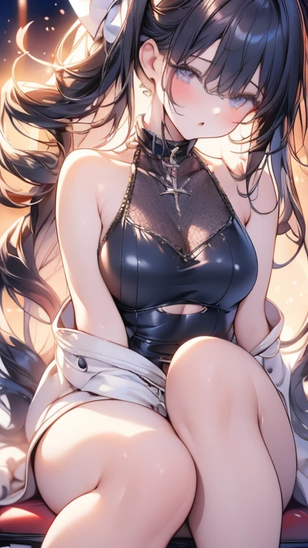 Black Hair Two-Side Up、emerald eyes、smile、black skirt、delicate、Thighhighs