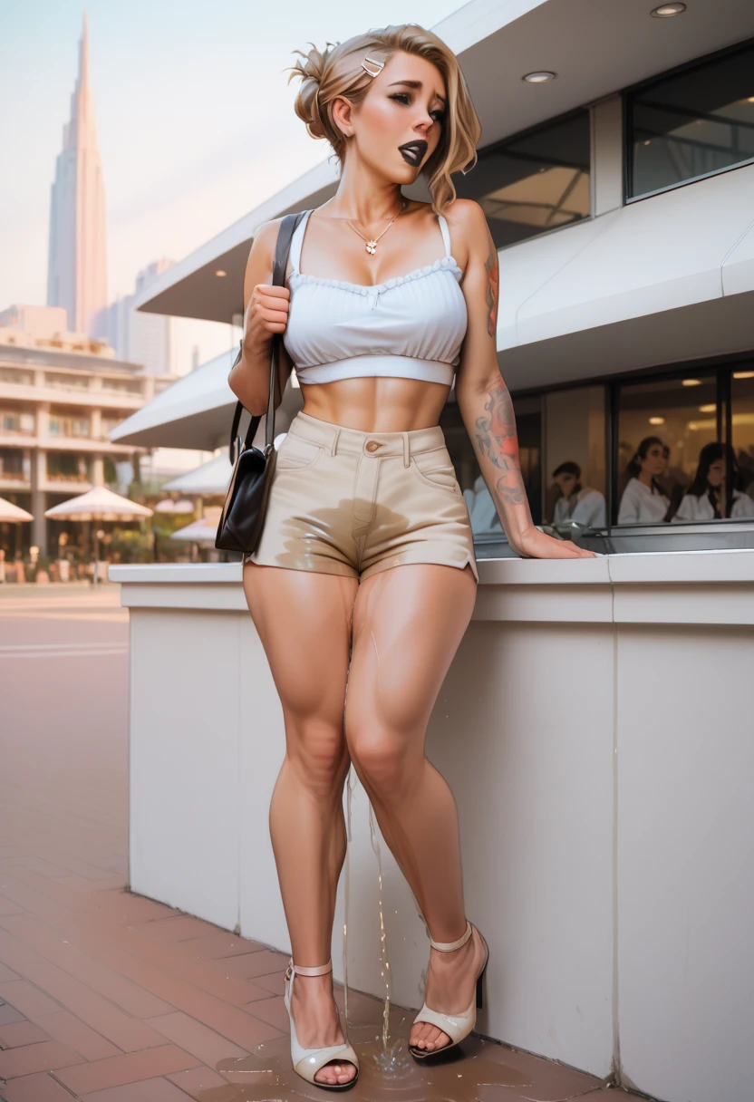 ((HIJAB MALAY GIRL)), ((BBW)), SHORTS, HUGE WIDE BUTT, WIDE BUTT, 63 YEAR OLD METURE women's, METURE women's, (ROSE LIPS), (ADIDAS SNEAKERS), (TIGH SKIRT), , tall buildings in background, twin towers, Kuala Lumpur,(ANGRY FACE EXPRESSION), TRANSPARENT, STAYING, SMOKING.