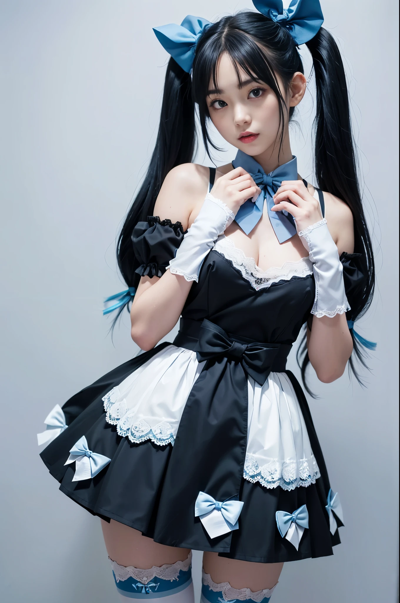 Korean,Practical, masterpiece, Final details, photo Practical, Intricate details, Octane Rendering, 8K, 1 Girl, Perfect face, Pretty Face, NSW Sports Federation, Slot Reference, Detailed hair,, black bow, black Gloves, Black Leg, blue eyes, Blue Hair, bow, clavicle, skirt, Drilling hair, Ruffles, Ruffles, Gloves, Gwen, headskirt, high resolution, Long hair, Open your mouth, Puff sleeves, Purple Eyes, Smile, Solitary, white skirt, Oily skin,