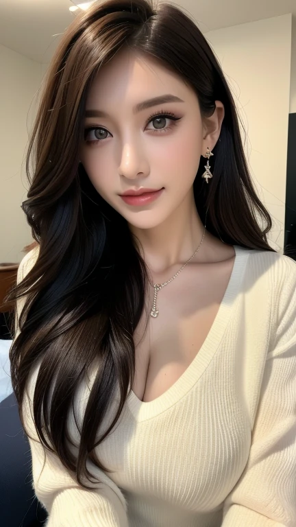 (1 Korean star with royal sister style), ((Best quality, 8K, 巨作: 1.3)), focal point: 1.2, Perfect body proportions: 1.4, (Make a smile), (Ray traching),Watery eyes, Highly Detailed Face and Skin Textur, Fine eyes, Double eyelids, Whitens the skin, (The long-haired, Air bangs: 1.3), (face round: 1.5), (ta prostitute: 1.4), (duck sitting,sit on a bed: 1.6),(black lence stockings: 1.4),(film grain style:1.3),a sense of atmosphere