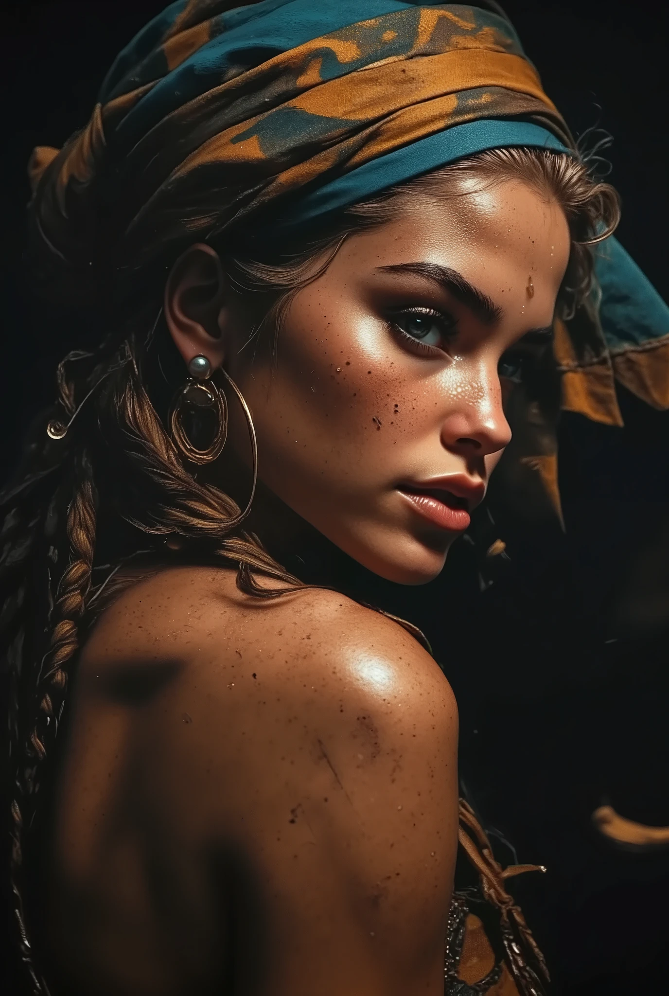 cinematic classical portrait, soft Rembrandt lighting, ultra-realistic facial detail, soft-focus realism, oil painting texture effect, warm muted color tones, rich shadows and highlights, gentle skin texture, natural pose, aged canvas grain, soft filmic glow
A young woman turns her head gently over her shoulder, gazing directly at the viewer with wide, expressive eyes. Her skin is luminous and smooth, her lips slightly parted in a mysterious expression. She wears a deep golden-brown garment and a rich ultramarine blue and ochre turban, softly wrapped around her head. A single large pearl earring hangs from her ear, catching the light delicately. The background is a near-black, velvety void that makes her face and attire glow subtly. The lighting is soft yet directional, casting natural shadows that highlight the graceful contours of her face and neck.