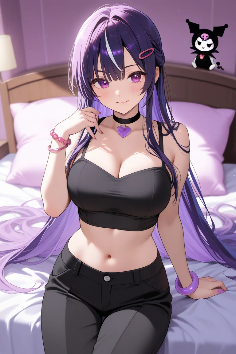 Character Details:, - Gender: 1 Girl.
- Style: Anime, - Body Type: Attractive body, slim body, nice legs, slim tights, nice arms, nice shoulders. - Breast: Small Breast, Cleavage.
- Facial Features: Beautiful, Gorgeous, ager, Fresh, Young.
- Expression: Smile, Pink Blush on Face, Sexy Eyes, Sexy Look, Innocent Look, Tipsy. - Hairstyle: Blunt Bangs, Long Hair. - Hair Color: Dark Purple Hair.
- Clothing: Loose Tank Top. - Body Pose: Sitting. - Behaviour: Waiting, Want Something, Secretly.
- Accessories: Earrings., Environmental Details:, - Setting: Office Room., - Lighting: Natural Light., - Decoration: Modern Office Desk, Chair, Window, White Curtain, City View. Top view. pov, anime style, UHD, retina, masterpiece, accurate, anatomically correct, textured