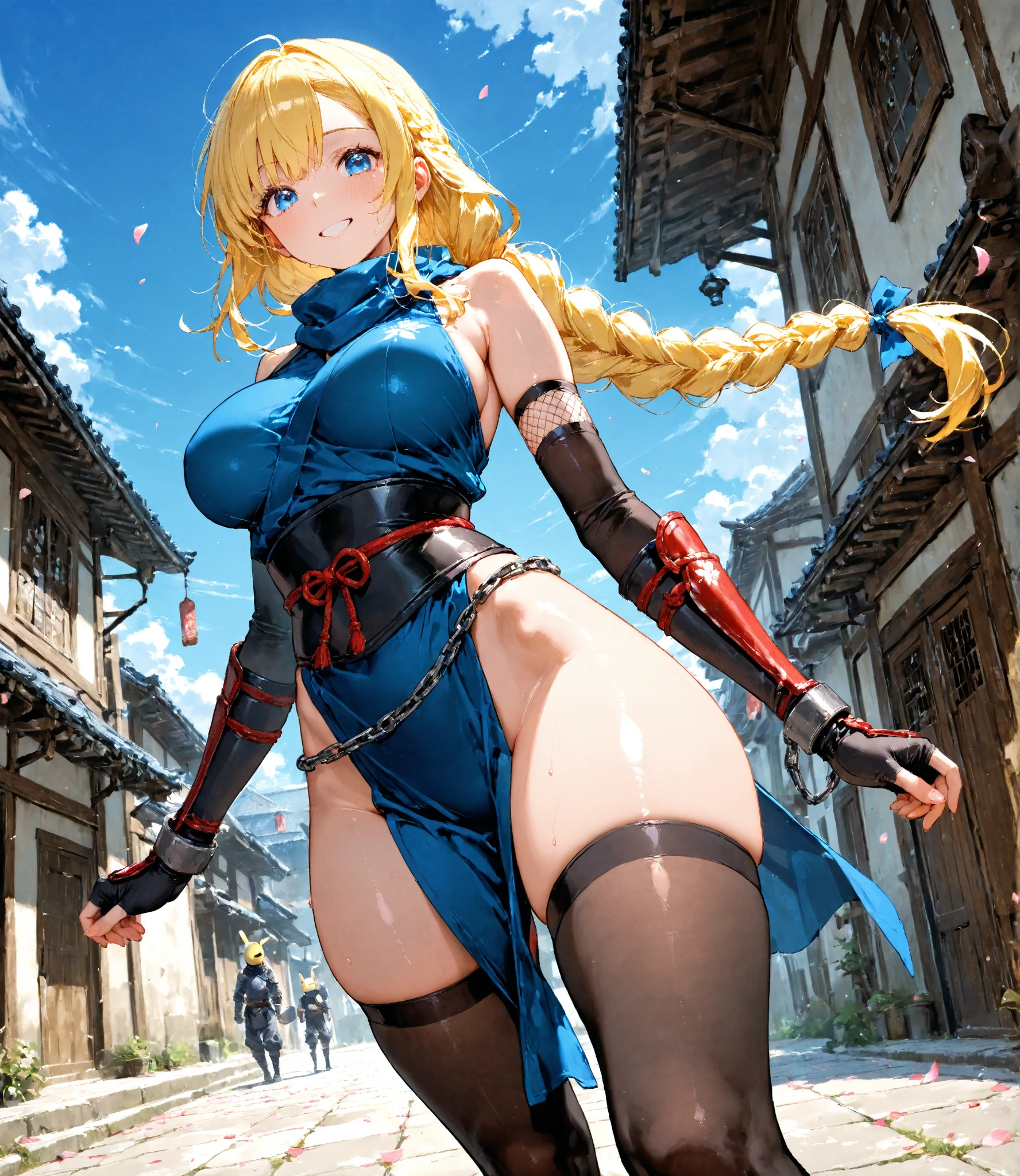 Very detailed、highest quality、Best image quality、masterpiece、8k、Sparkling Blue Eyes、Anime Face、A kind smile、Open Mouth、(Blonde waist-length hair:1.5)、(SFW Giant)、Rear View、Cowboy Shot、(Thong:1.5)、(Muscles of the whole body)、Horn、ckundies、(leaning forward:1.5)