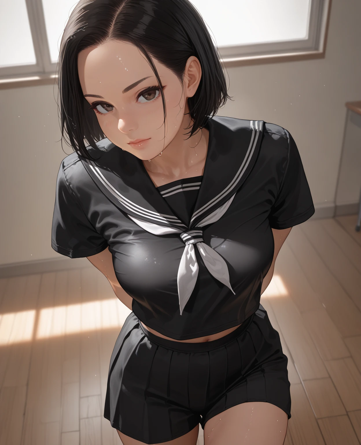 girl , (leotard:1.3) , Black Hair , classroom , Facing forward ,