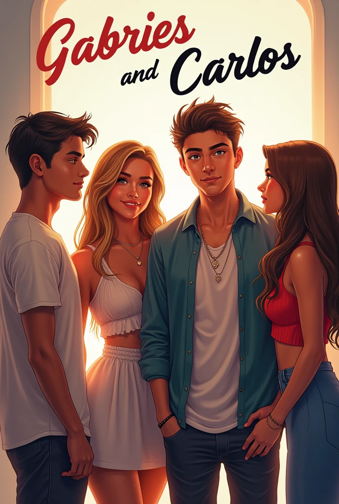Teenage sporty man holding a pair of red panties in his hand as he walks down the hallway holding hands with his girlfriend (young woman wearing a long dress) next to his girlfriend a young woman wearing a sexy and short outfit