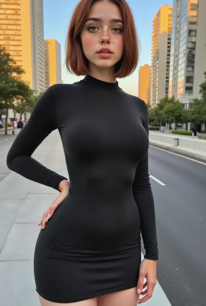a beautiful woman,black t-shirt, Waistline,((detailed eyes)),(detailed face),
Cinematic light,(pastel colors), street background,Clothes clinging to the chest, modelshoot style, very long hair,[white:red:0.2]hair
 realism, (hyperrealism), (cinematic),{{best quality}}, {{masterpiece}}, {{ultra-detailed}}, {illustration}, {detailed light}, {an extremely delicate and beautiful}, intricate, elegant,(8k, best quality, masterpiece:1.2),(best quality:1.0), (ultra highres:1.0),