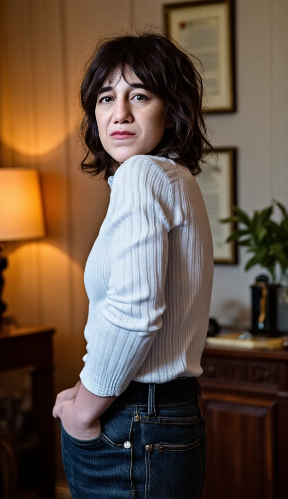 <lora:oudeacastera:0.9> oudeacastera, ,a woman wearing blouse and slacks, balcony, (hard light:0.5)