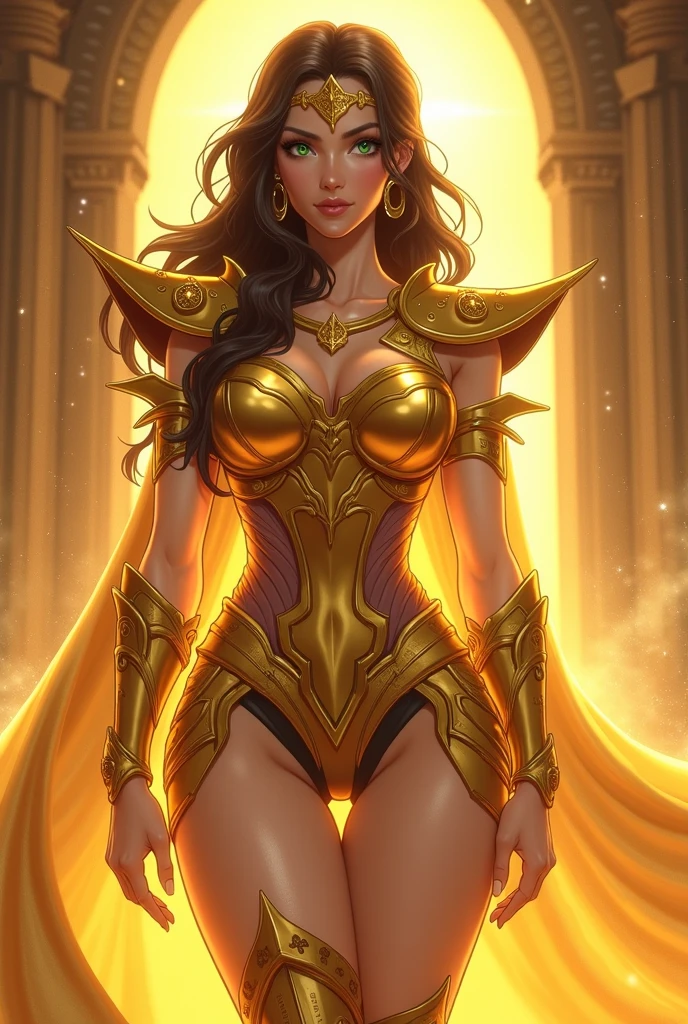 ((Best quality)), ((masterpiece)), (detailed: 1.4), (Absurd), (((full body)), ((sharp focus)), (((woman))), 35-year-old woman, Beautiful muscular woman, giant robot pilot, wild with perfect body, wearing little clothing, tiny thong, clothing with Japanese graphic patterns, pattern and vertical stripes, yellow gold, coming out of the body of a giant robot