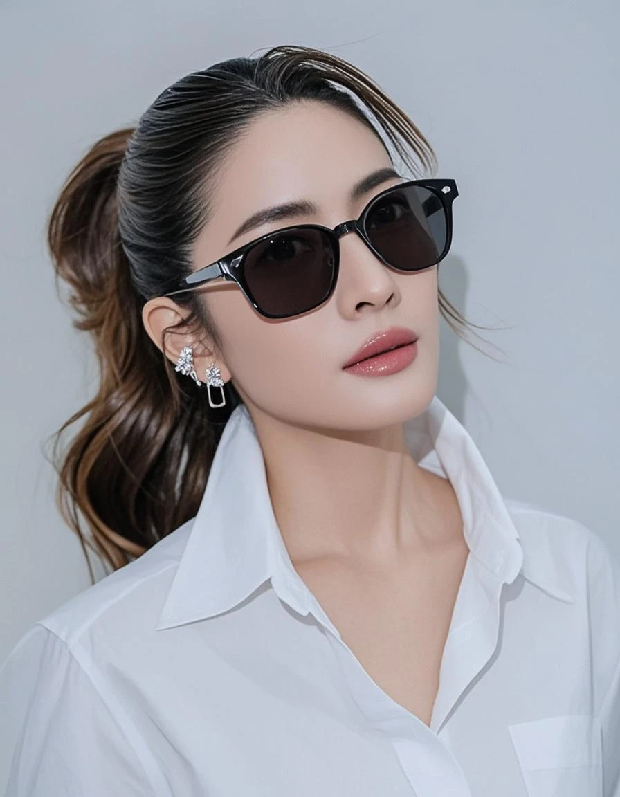 vivid,Normal chest,((between legs)),cute,(Detailed face),cloth,Sharp Eyes,Turtleneck sleeveless sporty lightweight(White plastic)Clothes,Ultra-high resolution,(Photorealistic:1.7),Black long hair,Gray background,sunglasses,