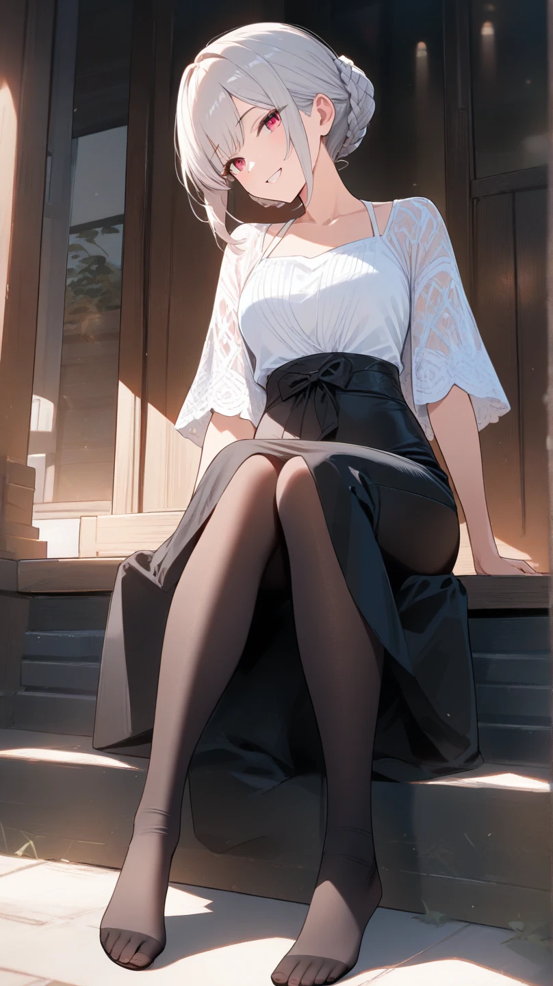 (Best quality, Ultra detailed, Golden ratio, Masterpiece:1.2), Theatrical lighting:0.7, Photo of a woman, dressed in a very elegant and pretty dress, Perfect rare face, (Highly detailed skin), randomly dyed hair, Hide your mouth with your hands、Ridicule, skin texture, Pale skin, shiny skin, (thin, large size:1.2), [:(Sharp focus on rare face, perfect eyes:1.2):0.2], photorealistic, film grain, Put one foot forward、from below looking up、look at camera、Emphasize the shoulders, Focus on face、Stockings、glasses、Smile with corners of mouth raised、disdainful expression, summer haze, muted colors, muted warm colors, Photo cinematic portrait of a woman dressed in a striped dress sitting by the window in the early morning, cinematic, (tilted:1.3) (on an old train) look cautious, standing under a spotlight, volumetric dust clouds, key light, backlight, soft natural lighting, photography Film grain ISO 400 30 mm lens RAW f1.8 aperture, highly detailed (analog photography:1), colors hdr