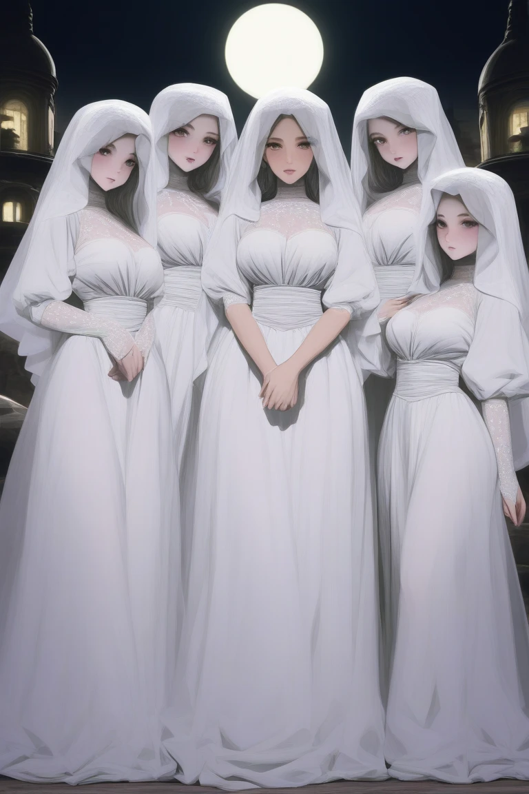 Five young women standing close together, wrapped in a single large white cloth that covers their bodies from chest to mid-thigh. They are smiling and looking at the camera. The background is plain and light-colored, emphasizing the group. Each woman has her own distinct hairstyle and expression, conveying a sense of fun and unity.