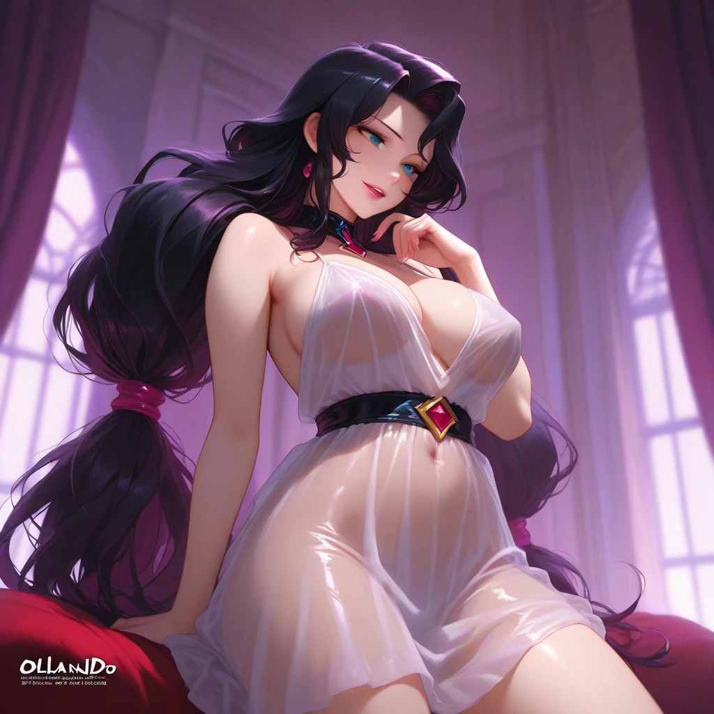masterpiece, best quality, girl, female pervert, hair over shoulder, black hair, wavy hair, makeup , aqua eyes, excited, blush, endured_face, purple eyes, sexy lingerie, torn pantyhose, breasts out, huge breasts, leg_lift, puffy_, cameltoe,