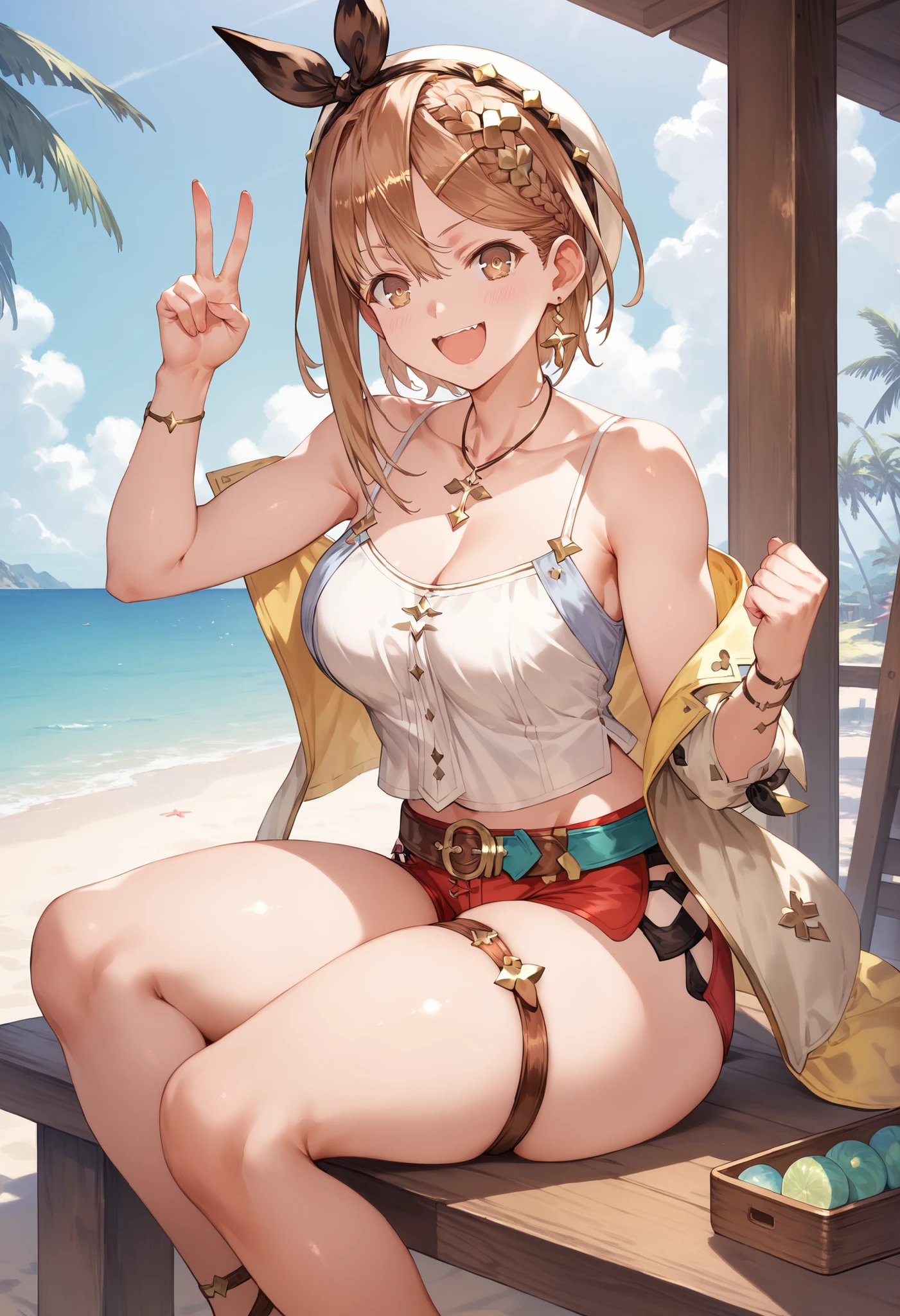 Masterpiece, top quality, Hi-Res, very detailed CG , 2nd Default, asymmetrical design costume, Bare Thighs , belt,, (teeth:0.4), is laughing, beach,1teen young_girl,white_camisole,large_breasts,large_thighs,short_shorts,apart_legs,raise_fist,sitting_on_wood_deck, (pectineus_muscle:0.2),thigh_strap,,(Reisalin_Stout),(\Atelir_Ryza)