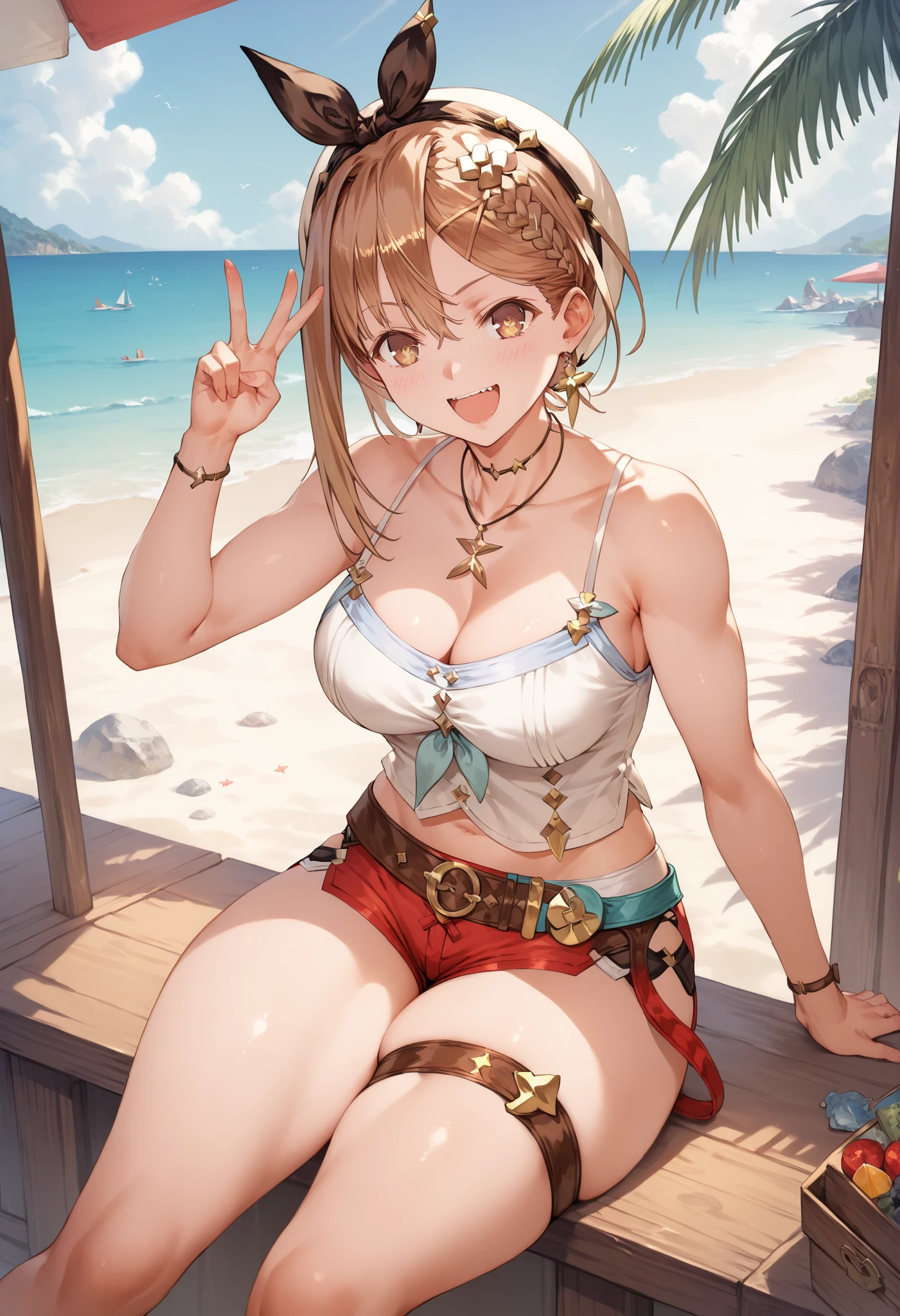 Masterpiece, top quality, Hi-Res, very detailed CG , 2nd Default, asymmetrical design costume, Bare Thighs , belt,, (teeth:0.4), is laughing, beach,1teen young_girl,white_camisole,large_breasts,large_thighs,short_shorts,apart_legs,raise_fist,sitting_on_wood_deck, (pectineus_muscle:0.2),thigh_strap,,(Reisalin_Stout),(\Atelir_Ryza)