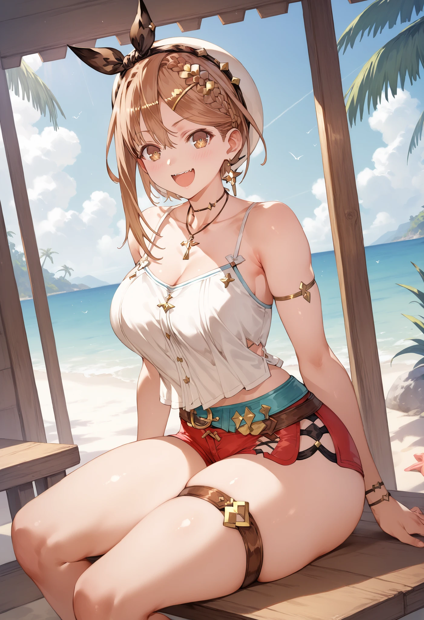 Masterpiece, top quality, Hi-Res, very detailed CG , 2nd Default, asymmetrical design costume, Bare Thighs , belt,, (teeth:0.4), is laughing, beach,1teen young_girl,white_camisole,large_breasts,large_thighs,short_shorts,apart_legs,raise_fist,sitting_on_wood_deck, (pectineus_muscle:0.2),thigh_strap,,(Reisalin_Stout),(\Atelir_Ryza)