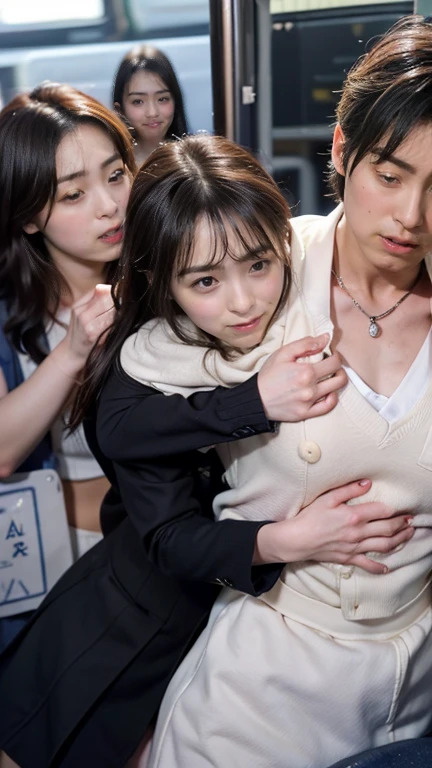 (molesting:1.5)、1girl in、(Full body shot)、1male people、(((High school girl being molested:1.5)))、(Super beautiful)、(beauitful face:1.5)、she is crying、(high-school uniform:1.2)、(Inside a crowded train in Japan:1.5)、A man forcibly kisses her、(A man takes off his skirt:1.5)、(Man hugs her chest:1.5)、(At SFW:1.1)、(((Visible from the sailor blouse)))、(moaning in pain:1.3)、(ecstacy:1.5)、