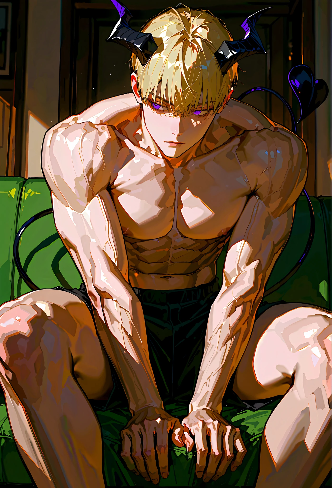 (hyper-realistic digital illustration), hires, best quality, boy wearing micro thong, see-through thong , front view, lying on his back, legs raised, legs spread, athletic body, (shinny white skin skin), bare chest, flat chest,(green hair styled in spikes), big mane, scruffy hair, determined expression, small waist, muscular.
